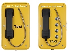 taxi booking telephones with handset and push to call freephone buttons, vandal resistand tamperproof and water tight from taxitel