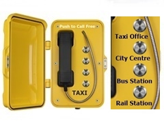 yellow taxi call station with four memory autodial freephone channels for taxi bookings. Telephone with door and handset vandal proof water resistant IP66